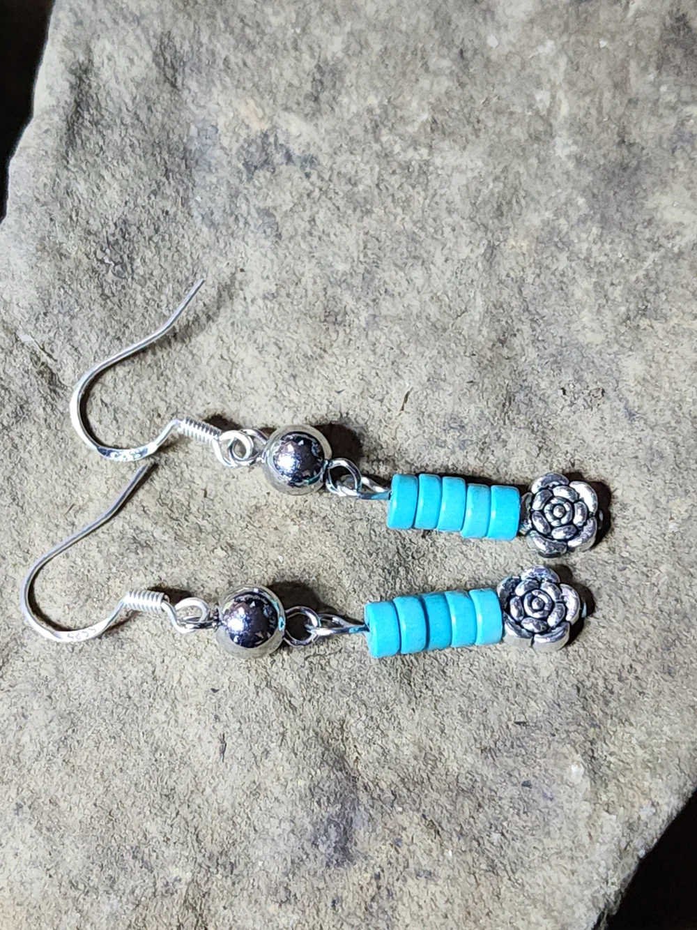 Hand Crafted Dangle Earrings With Silver Toned Balls & Faux Turquoise Beads